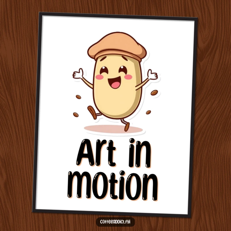 Funny coffee bean character wearing a beret, dancing with energetic flair, a whimsical and humorous digital art print for walls.
