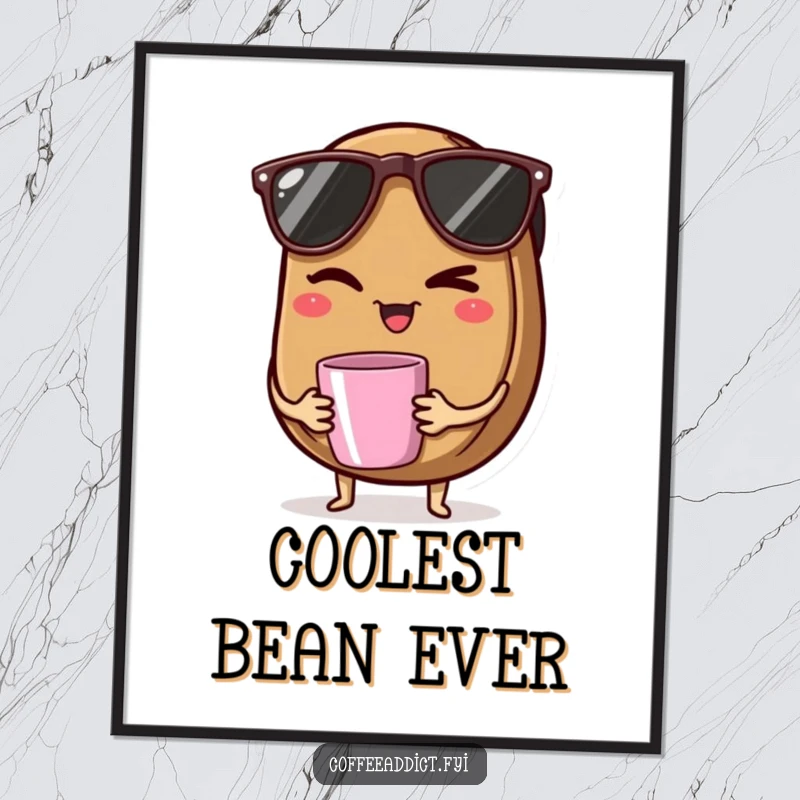 Funny digital art print of a coffee bean with sunglasses, winking charmingly while holding a tiny coffee mug.