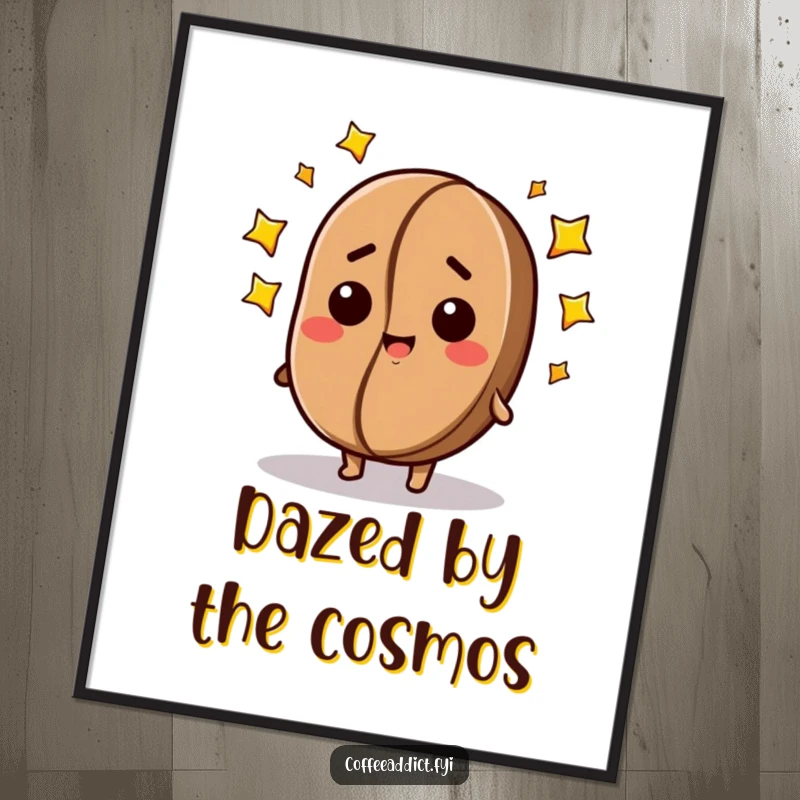 Funny digital art print of a dazed coffee bean with a happy expression and stars swirling around, creating a dreamy, whimsical atmosphere.