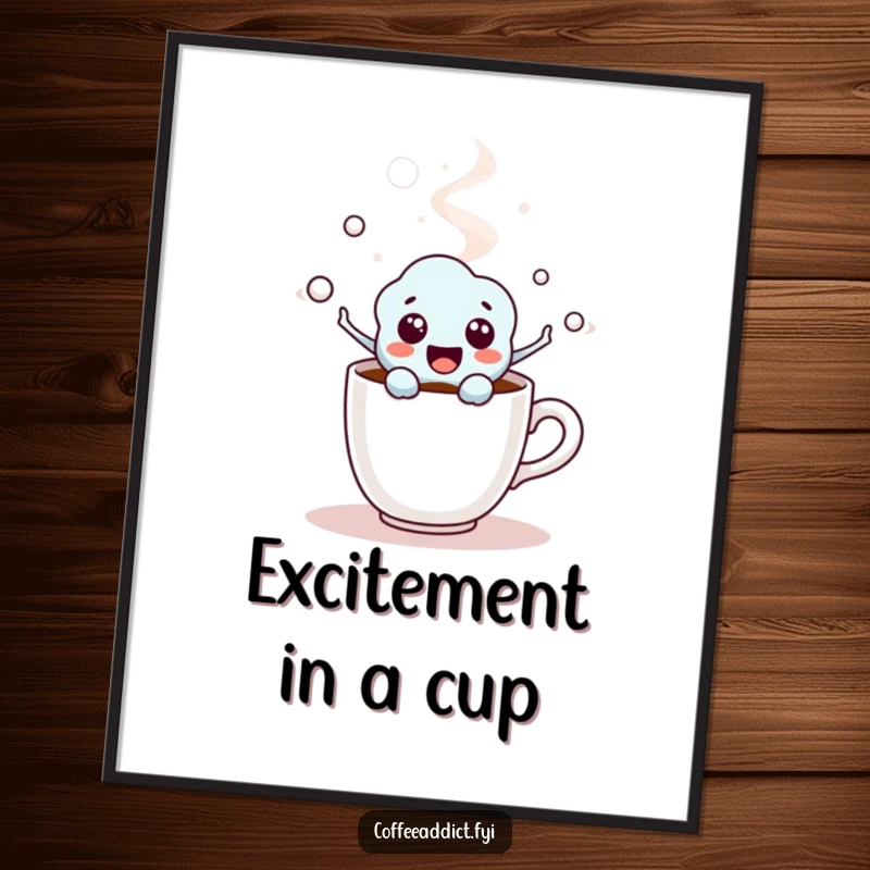 Funny Coffee Molecule Digital Art Print showing an excited character popping from a coffee cup, adding humorous energy.