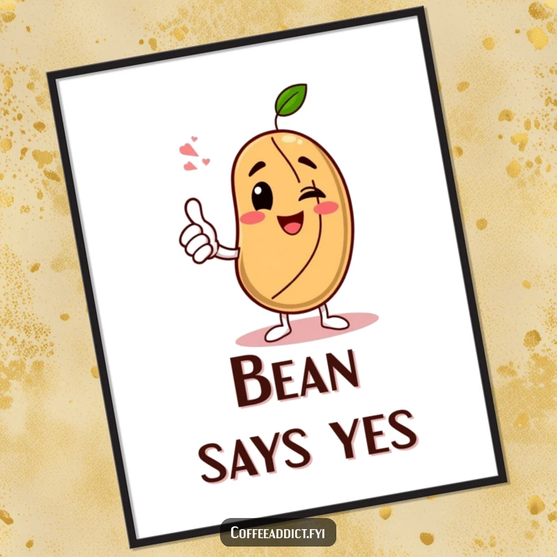 Funny Digital Art Print: Coffee bean character giving an enthusiastic thumbs-up with a wink, a confident and humorous artwork for walls.
