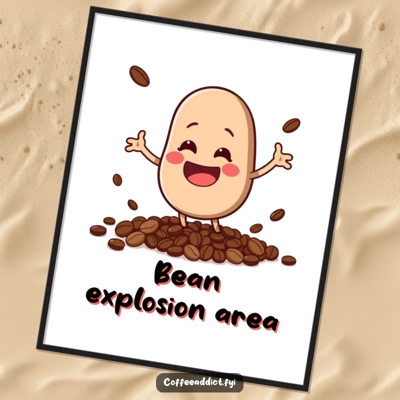 Funny kawaii coffee bean character with a huge grin, comically spilling beans, as a vibrant digital art print.