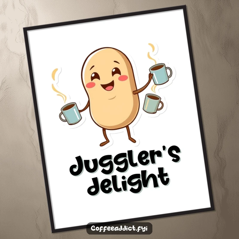 Funny digital art print of a smiling coffee bean character masterfully juggling three steaming mugs, full of playful energy.