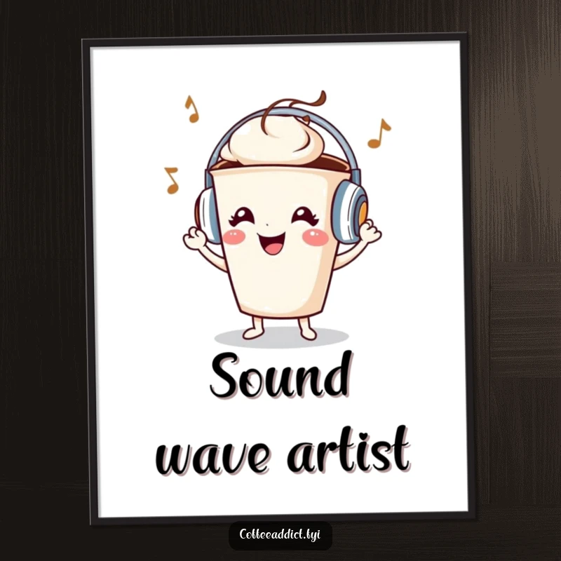 Funny coffee cup character with headphones, dancing to music, a lively digital art print for instant download.
