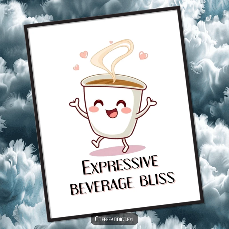 Funny Digital Art Print of a steaming coffee cup performing a happy jig, ideal for vibrant and humorous home decoration.