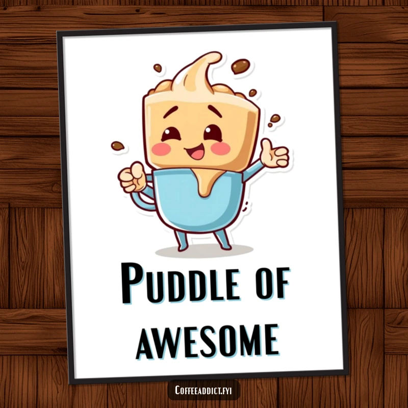 Funny digital art print of a coffee drip character striking an exciting, bubbly pose, radiating infectious energy and fun.