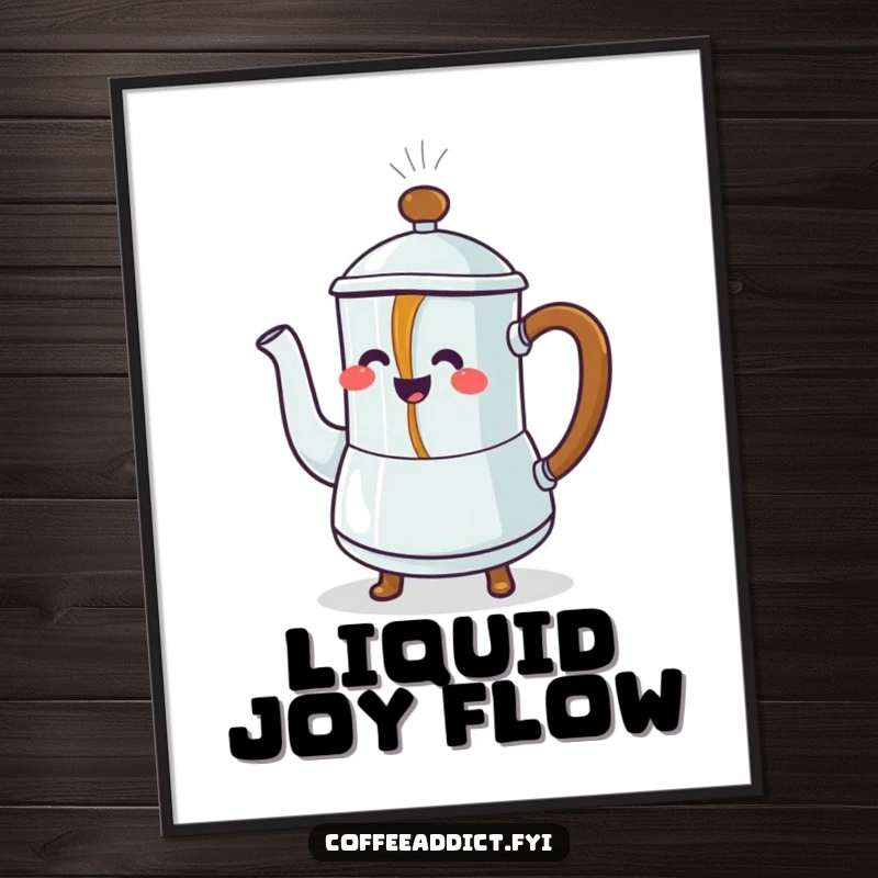 Funny Digital Art Print: Steaming coffee pot character pouring a stream of dancing coffee, a vibrant and humorous artwork for walls.