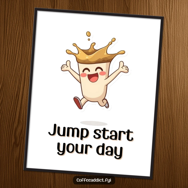 Funny digital art print of a coffee splash character leaping with enthusiasm, perfect for adding vibrant energy and humor.