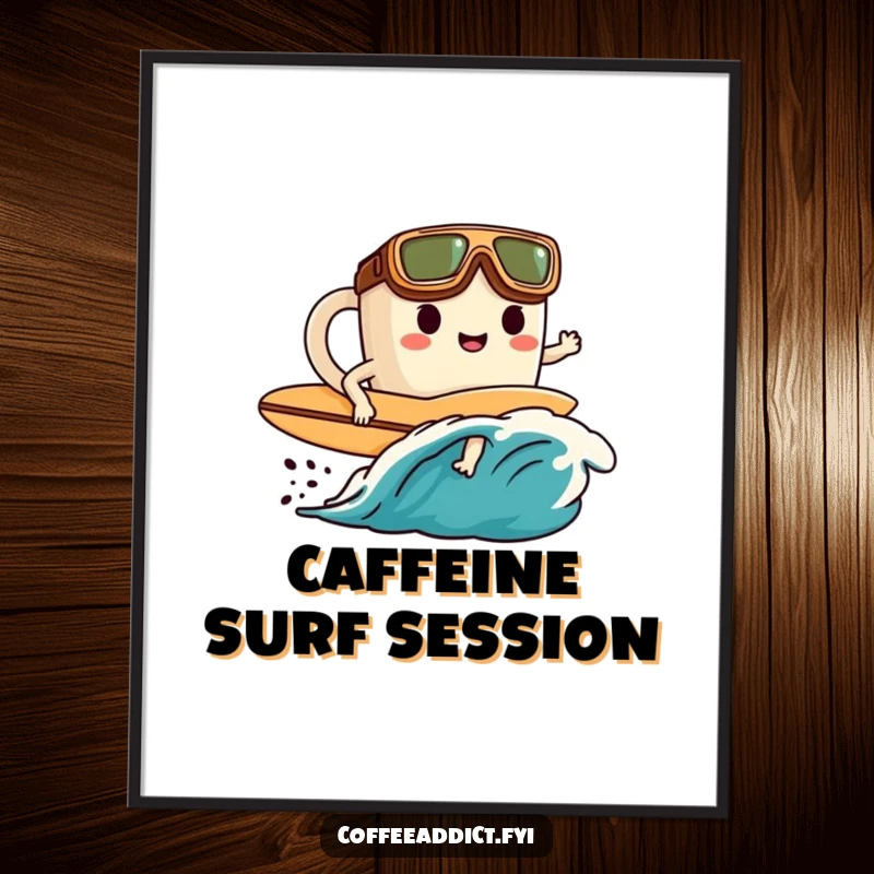 Funny digital art print of a goggled character surfing a dynamic coffee wave, capturing high-energy morning vibes.