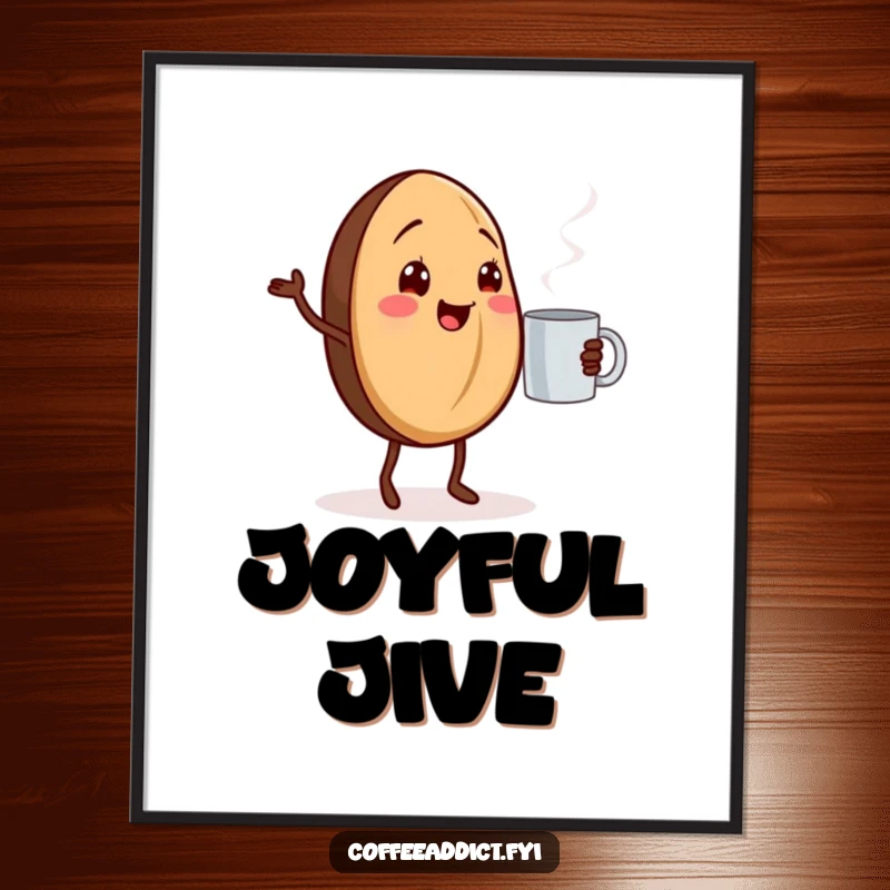 Funny dancing coffee bean digital art print of a cheerful coffee bean dancing with a steaming mug.