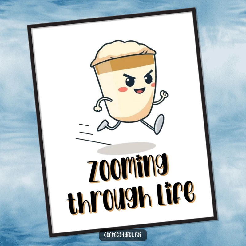 Funny determined espresso shot character with tiny legs running fast, as an energetic digital art print.