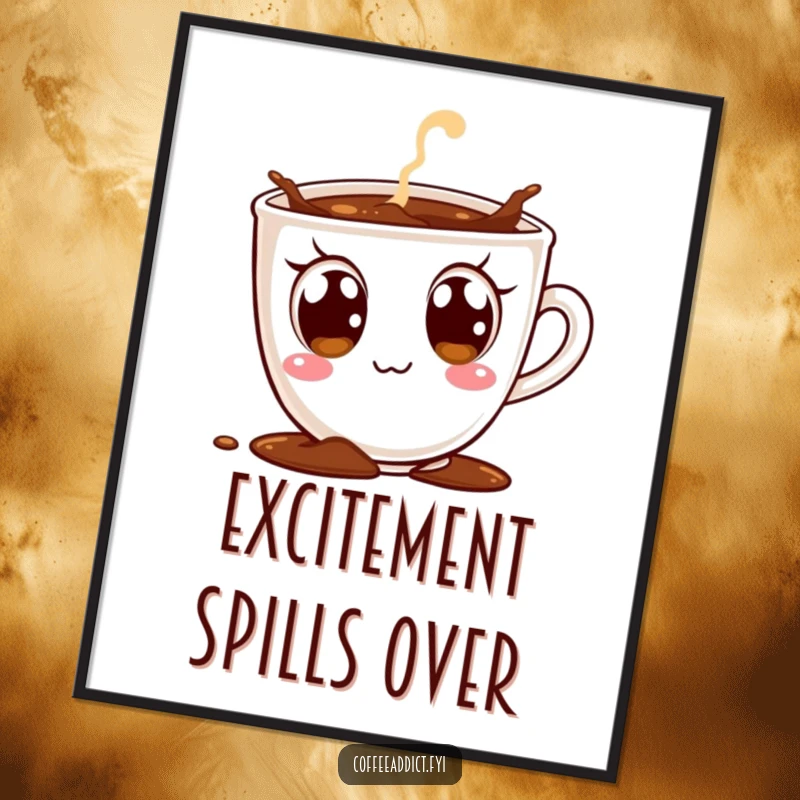 Funny digital artwork of a coffee cup character with huge, excited eyes, comically spilling coffee, perfect for instant cheerful decor.