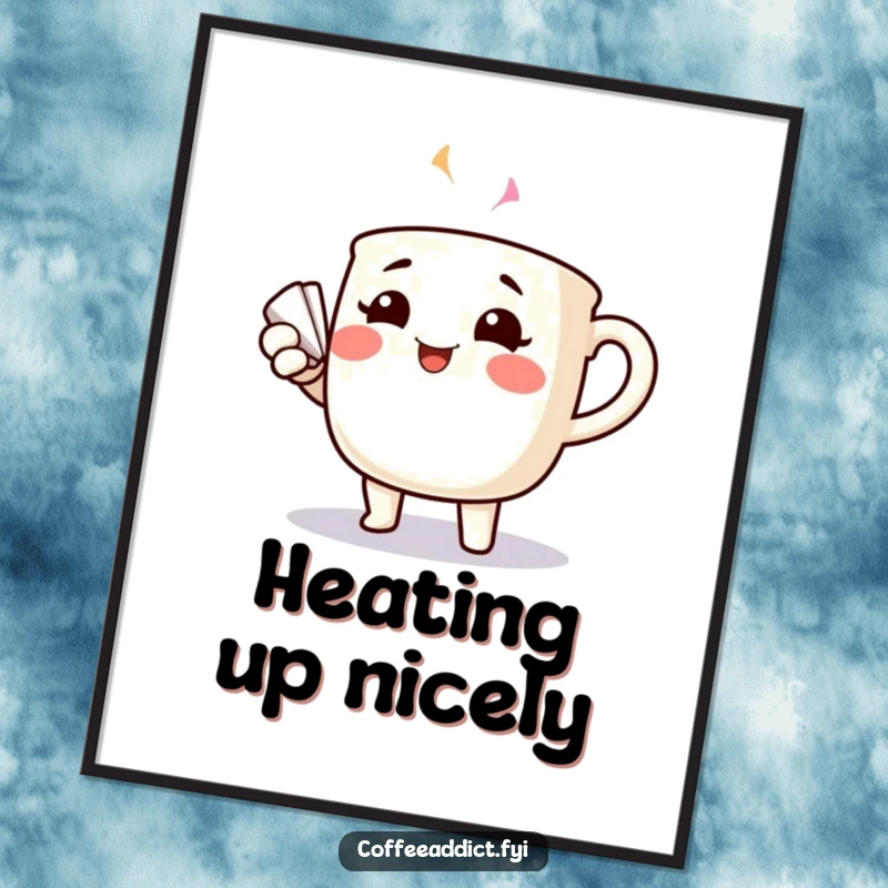 Funny cheerful coffee mug with rosy cheeks dramatically fanning itself, as a cool digital art print.