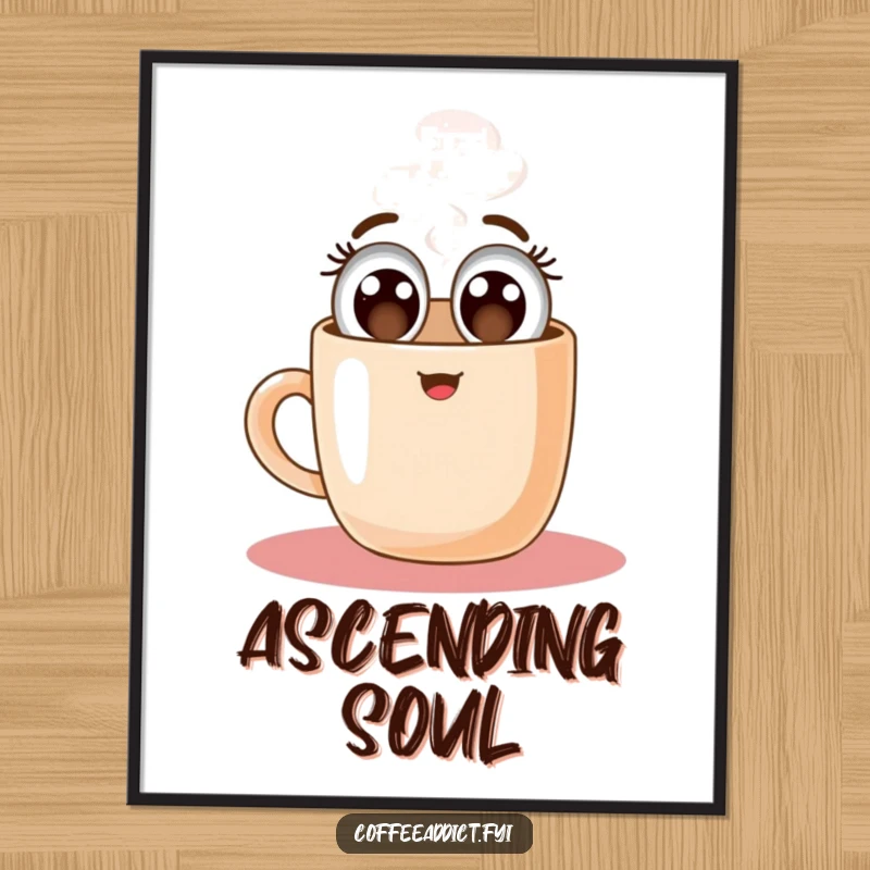 Funny digital art print of a coffee mug character with wide eyes, floating upwards joyfully, symbolizing the uplifting power of coffee.
