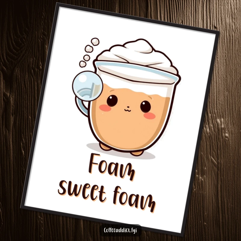 Funny Kawaii cappuccino digital art print of a character blowing a playful bubble of foam, perfect for whimsical decor.