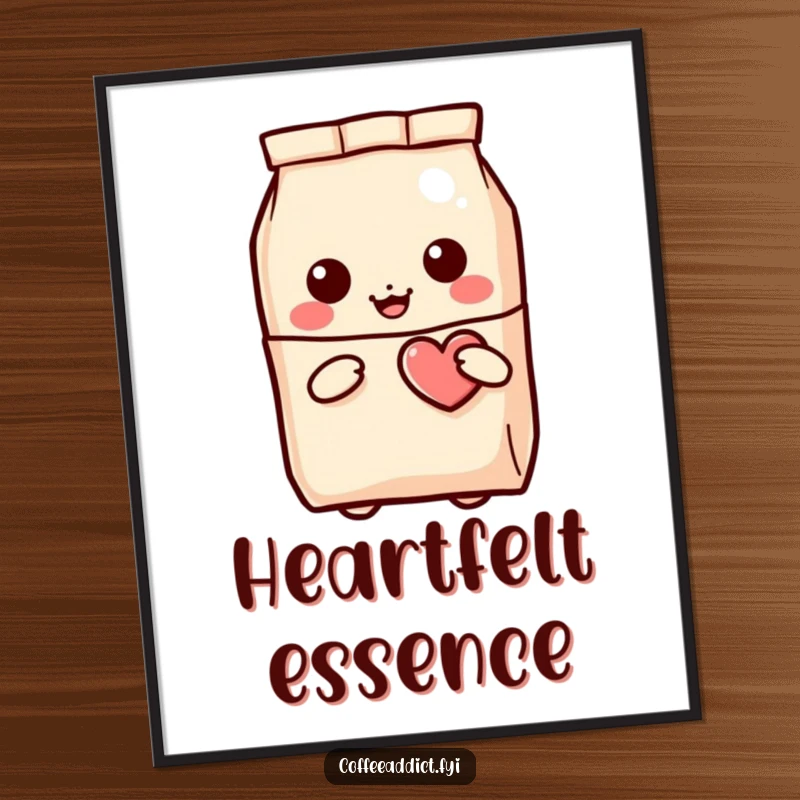 Funny Kawaii Coffee Bag Digital Art Print featuring a character peeking out with a winking heart, ideal for instant decor.
