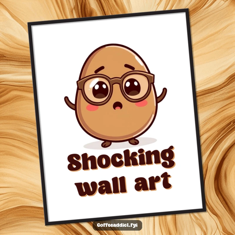 Funny Kawaii Coffee Bean Digital Art Print of a surprised character wearing spectacles, ready for instant download and display.