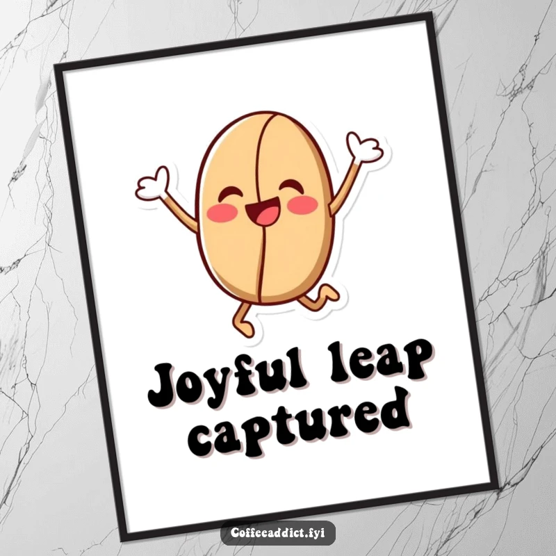Funny Kawaii Coffee Bean Digital Art Print: High-resolution artwork of a cheerful coffee bean character in a jubilant leap, full of energetic fun.