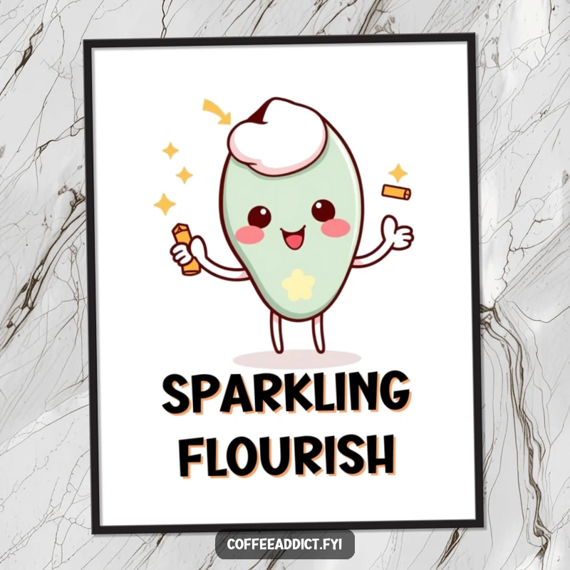 Funny Kawaii Coffee Spoon Digital Art Print showing a character giving a delighted flourish with a tiny jingle, for instant decor.
