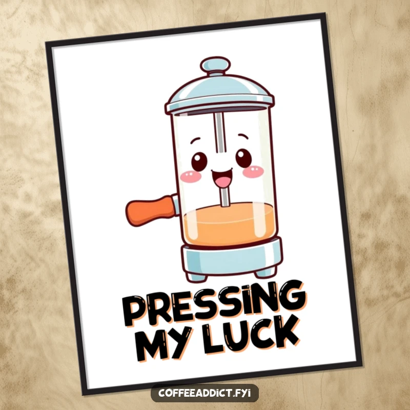 Funny Kawaii French press digital art print of a smiling character pressing down with gusto, perfect for coffee-themed decor.