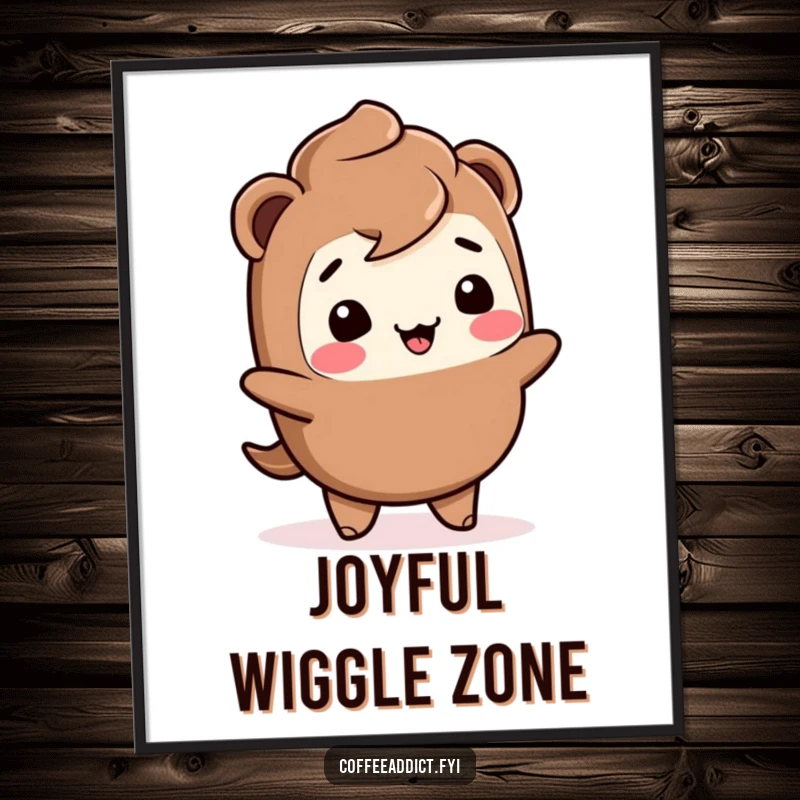 Funny Kawaii mocha digital art print of a giggling character doing a joyful wiggle, perfect for instant home decor.