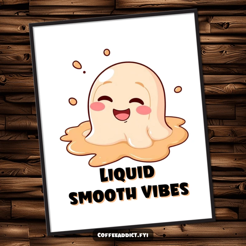 Funny digital art print of a coffee puddle character melting with a wide, goofy grin, instant wall art.