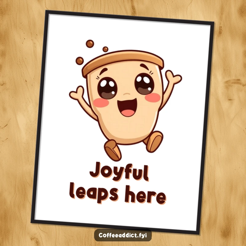Funny digital art print of an excited kawaii coffee character performing a dynamic, joyful leap, instant decor.