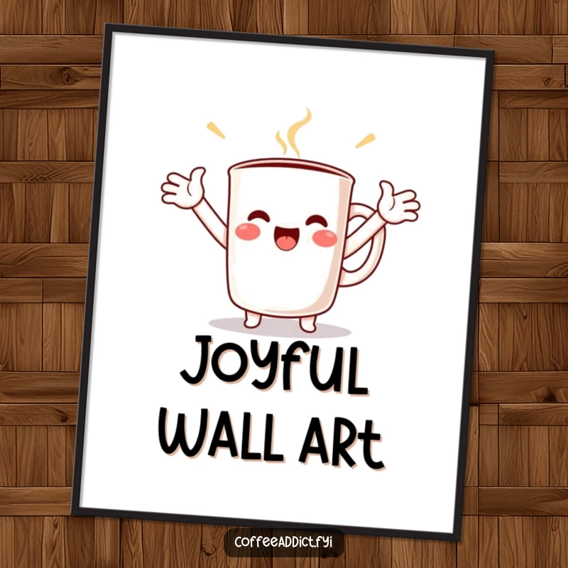 Funny Kawaii Coffee Mug Digital Art Print of a character with arms outstretched, symbolizing overflowing joy and happiness, ready to download.