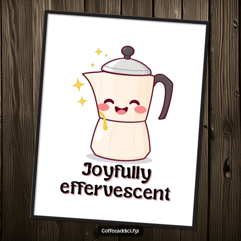 Funny Kawaii Coffee Pot Digital Art Print of a character gleefully pouring sparkling liquid, adding humor to any room.