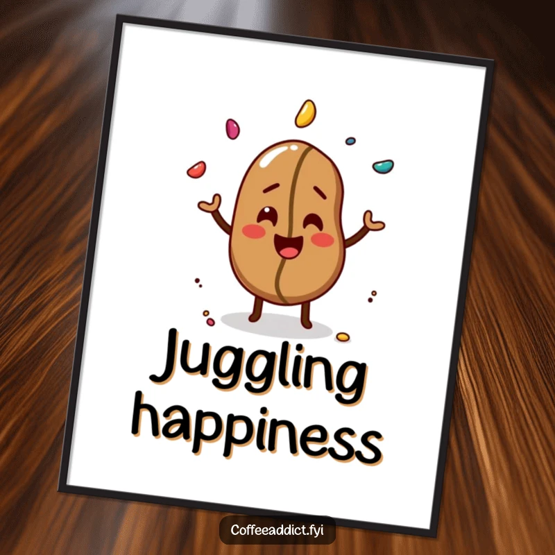 Funny digital art print of a coffee bean giggling while juggling three colorful sprinkles with skill.