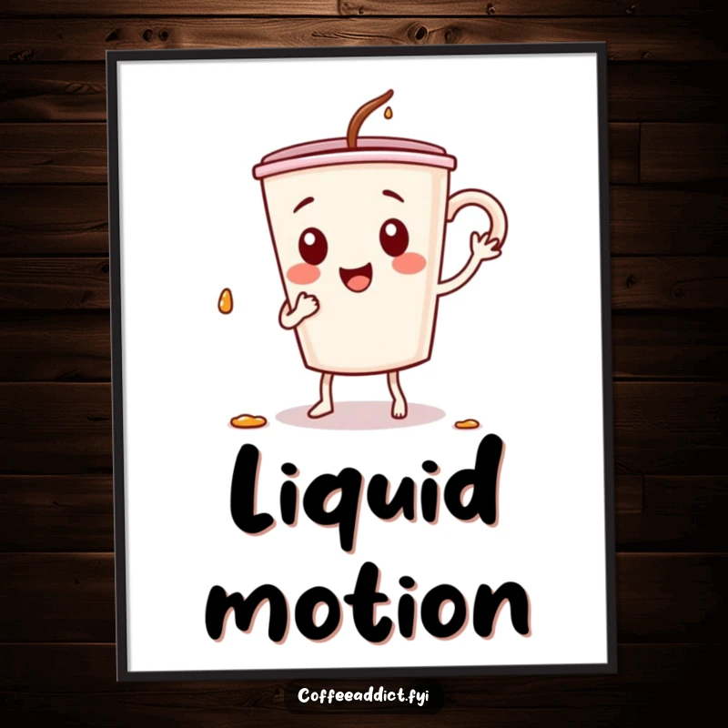 Funny digital art print of a coffee cup character in a silly dance, spilling drops, symbolizing playful energy and morning fun.