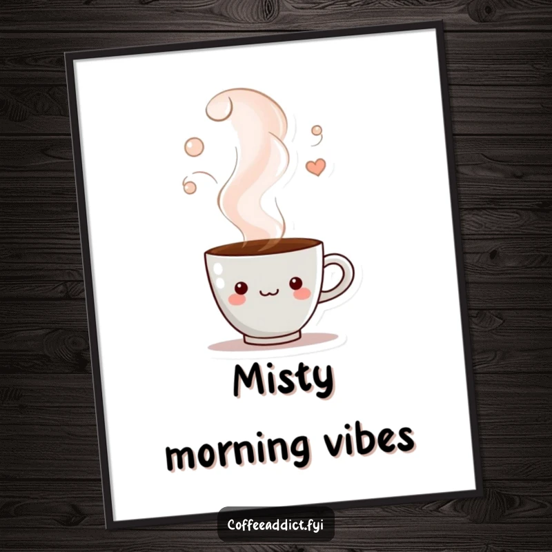 Funny digital art print of a coffee cup character peeking from a swirling steam cloud, creating a mysterious and cozy atmosphere.