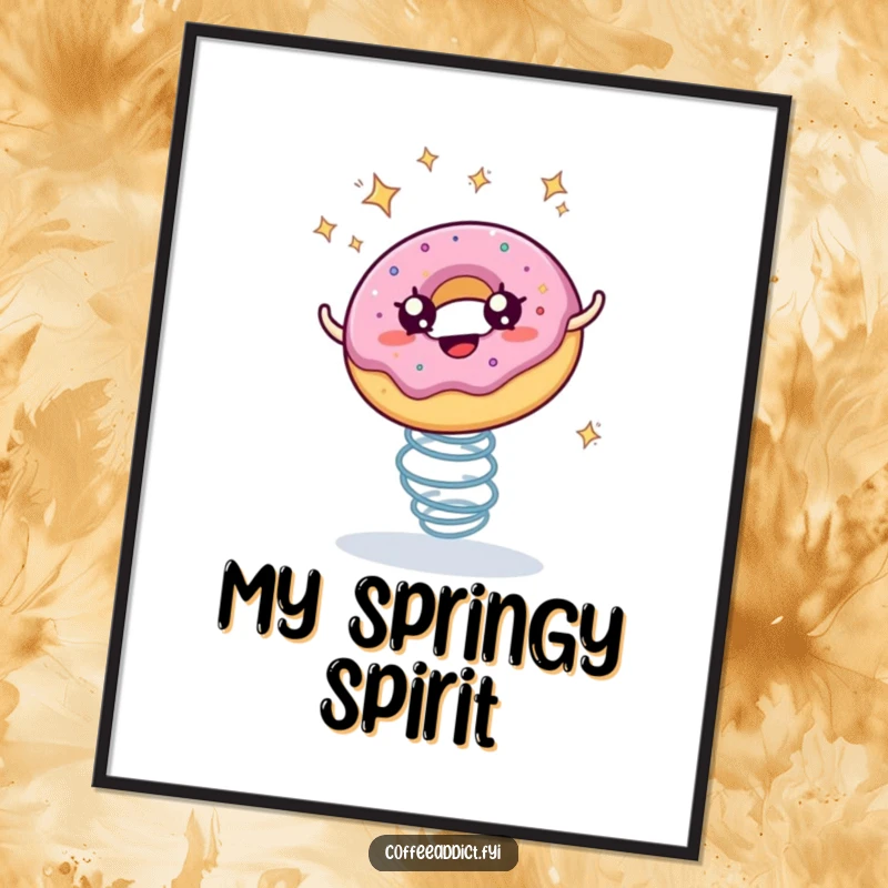 Funny digital art print of a donut with starry eyes bouncing with great enthusiasm on a spring.