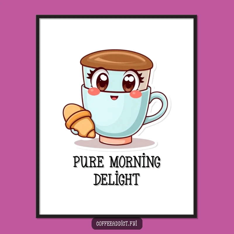 Funny Kawaii Coffee Cup Croissant Digital Art: Happy Design for Instant Cheerful Decor