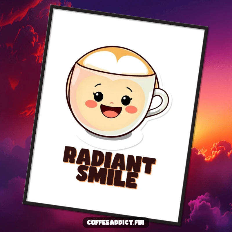 Funny Kawaii Latte Art Digital Art Print showing a character forming a cheerful smiley face in a coffee cup, for instant decor.