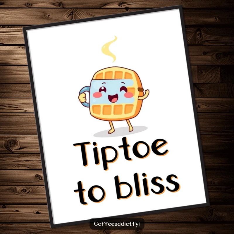 Funny digital art print of a happy waffle carefully tiptoeing with a steaming mug.