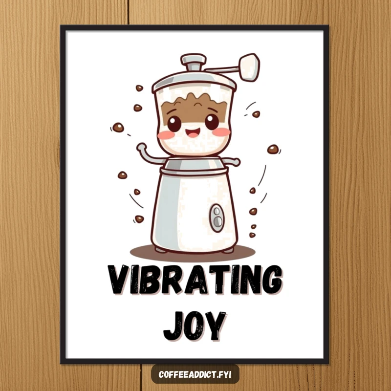 Funny Kawaii Coffee Grinder Digital Art Print depicting a character spinning fast with a joyful grumbled sound, for instant decor.