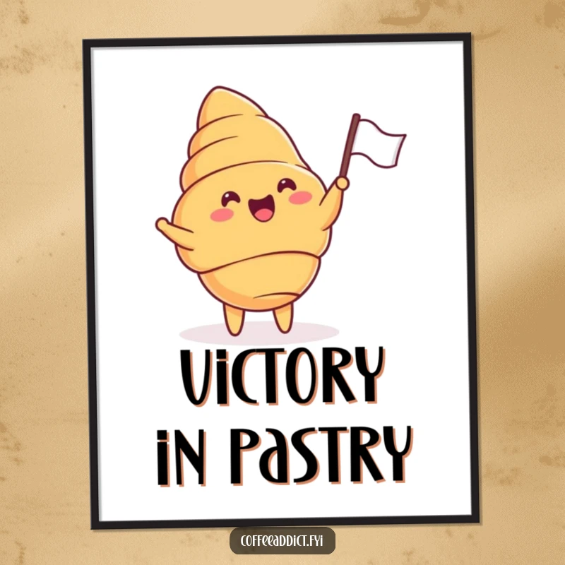 Funny digital art print of a happy croissant waving a tiny flag with great delight and cheer.