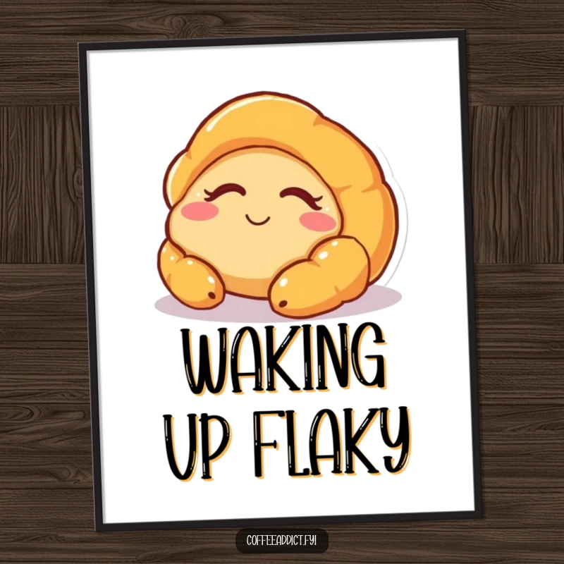 Funny digital art print of a sleepy croissant character gently waking with a peaceful smile, perfect for instant download and serene decor.