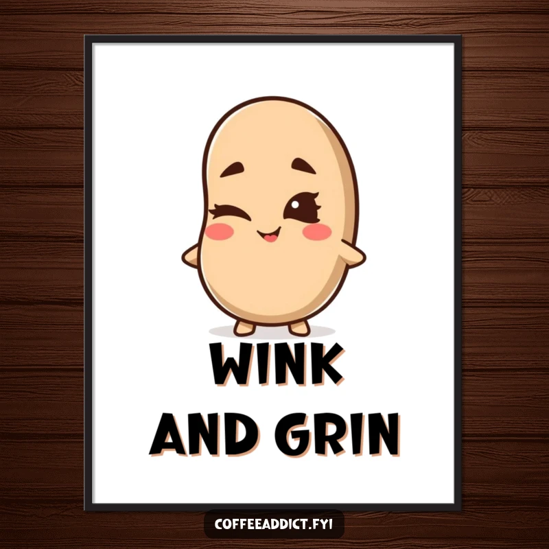 Funny Kawaii Coffee Bean Digital Art Print of a cute character winking with a mischievous grin, perfect for instant download and cheeky decor.