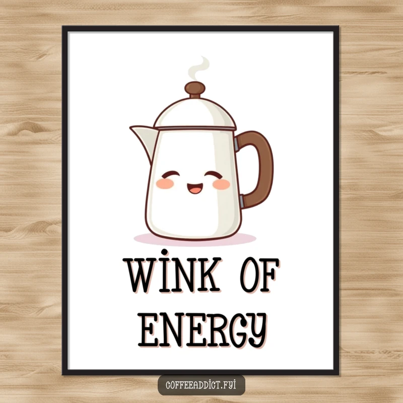 Funny digital art print of a steaming coffee pot character winking energetically, full of cheerful and inviting spirit.