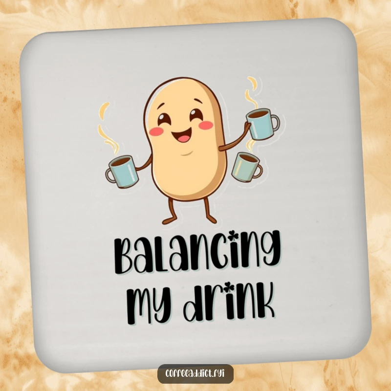 Funny coaster featuring a coffee bean character skillfully juggling steaming mugs, adding a humorous and protective touch.