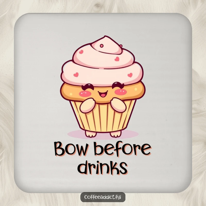 Funny Kawaii muffin drink coasters with a character doing a pleased little bow, protecting surfaces with sweetness.