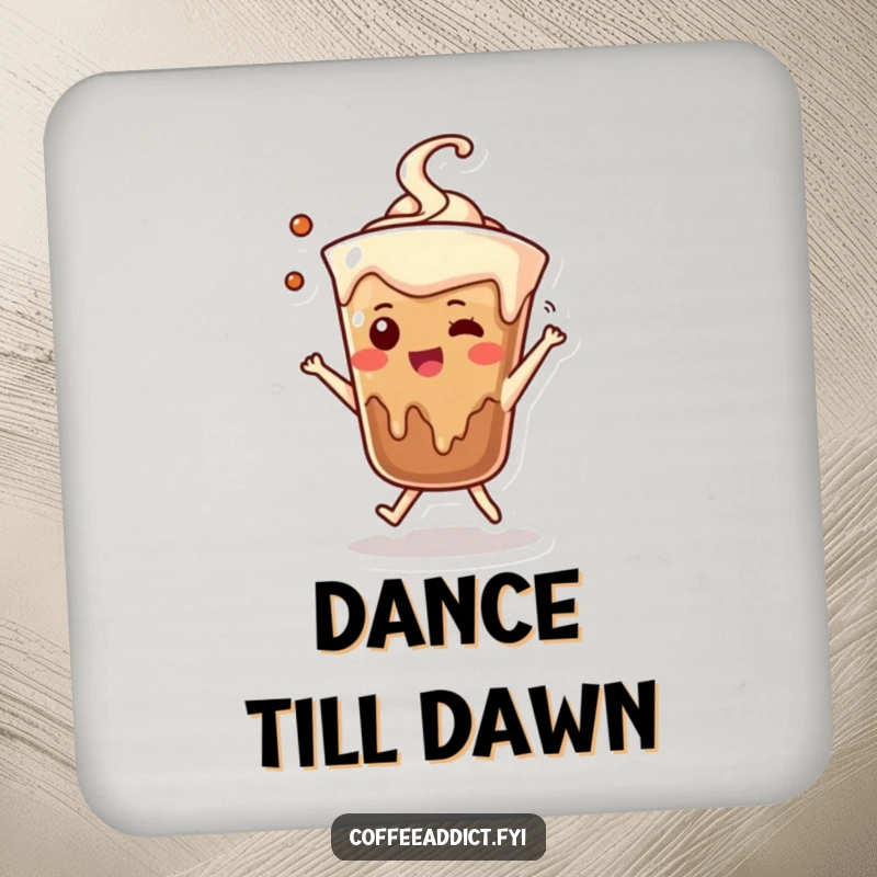 Funny coasters featuring a dancing coffee drip character, adding a playful touch to tabletops.