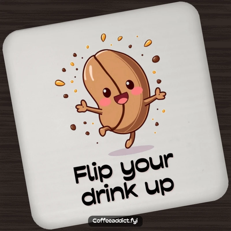 Funny Kawaii Coffee Bean Coaster: Energetic coffee bean performing a somersault, a humorous and practical table accessory.