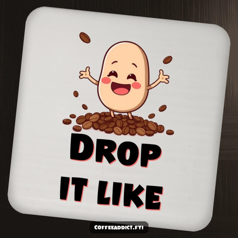 Funny kawaii coffee bean character with a huge grin, comically spilling beans, on a protective drink coaster.