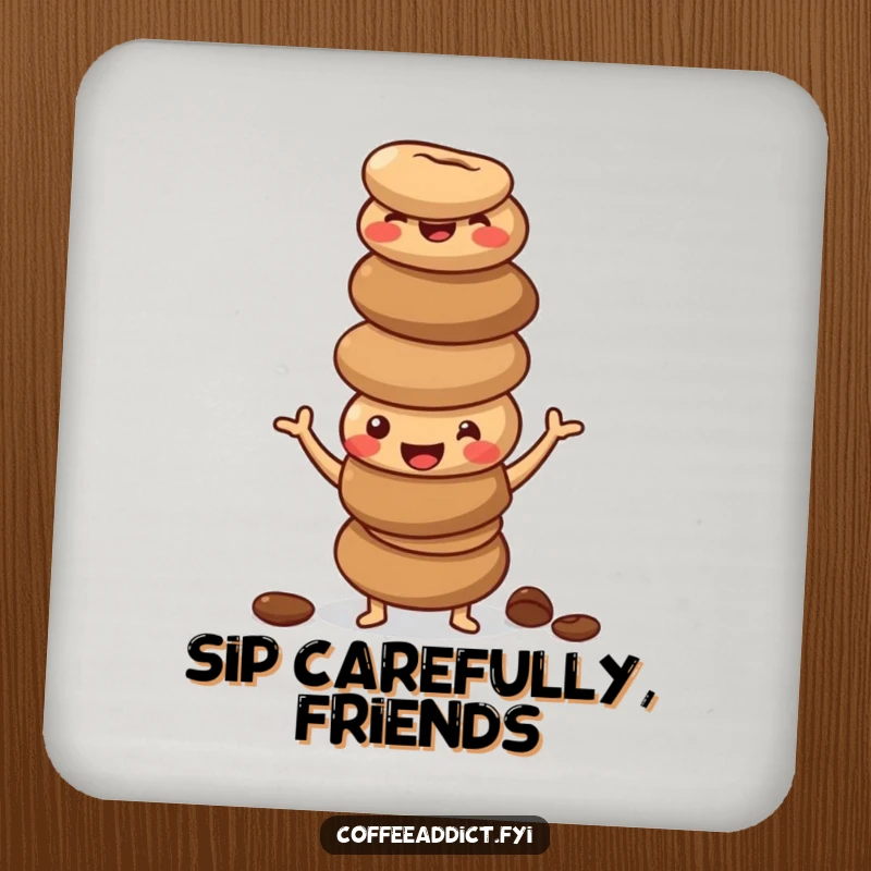 Funny drink coaster with a stack of happy, wobbly coffee beans in a silly pose, adding jittery vibes.