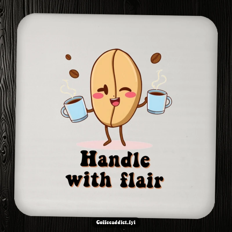 Funny drink coaster illustrating a winking coffee bean adeptly juggling steaming mugs, offering playful surface protection.