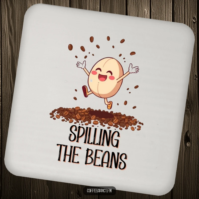 Funny Coffee Bean Leap Drink Coaster: A coaster showcasing a coffee bean character leaping joyfully, scattering grounds.