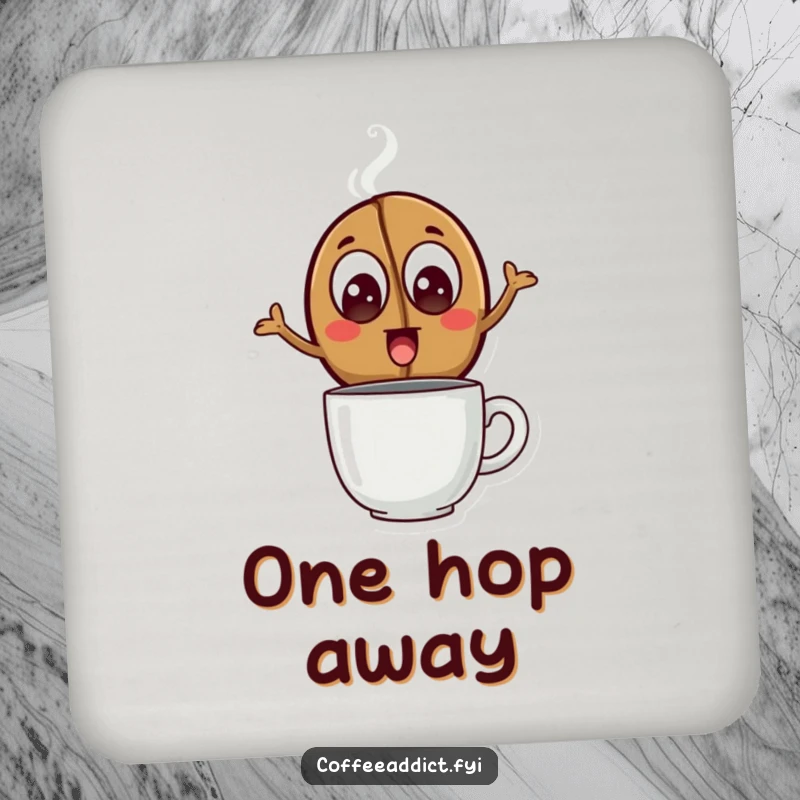 Funny Drink Coaster featuring a coffee bean with excited eyes leaping over a steaming mug, adding a playful and energetic touch to table surfaces.
